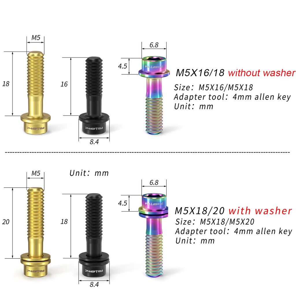 6Pcs/Bag  Bike Stem Bolts Bicycle Handlebar Fixing Screws Titanium Alloy M5X16 M5X18 M5X20 Wish Washers Hex Socket Head