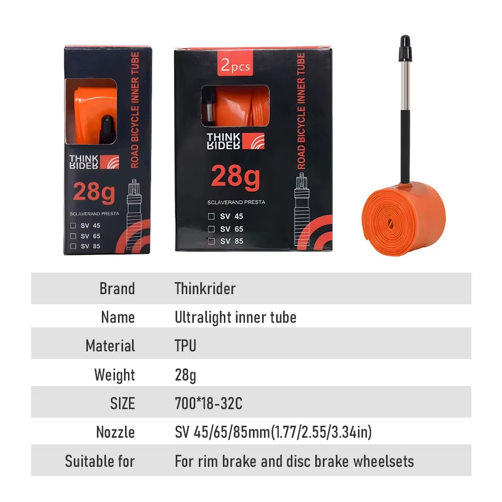 Thinkrider 1Pcs Ultralight 28G Bike Inner Tube 700X18 25 28 32 Road Bicycle TPU Material Tire 65Mm Length French Valve