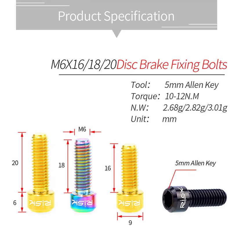 4PCS M6X16 M6X18 M6X20Mm Titanium Bicycle Disc Brake Clamp Caliper Bolts MTB Mountain Road Bike Fixed Screws M6*16/18/20Mm