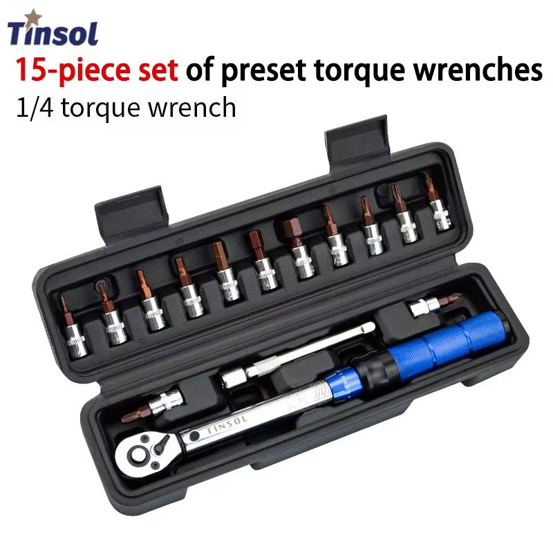 TINSOL 15Pcs Set Bicycle Torque Wrench Set 1/4" 2-24Nm Dual Direction Bike Allen Key Tool Socket Preset Type Spanner Pro Repair