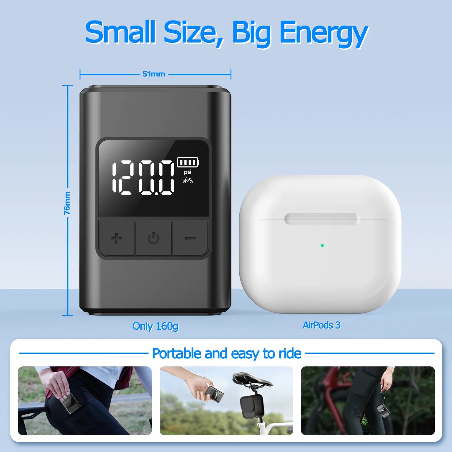 120PSI Mini Bike Pump Smart Wireless Air Pump Compact and Portable Suitable for Bicycles, Motorcycles, and Ball Sports