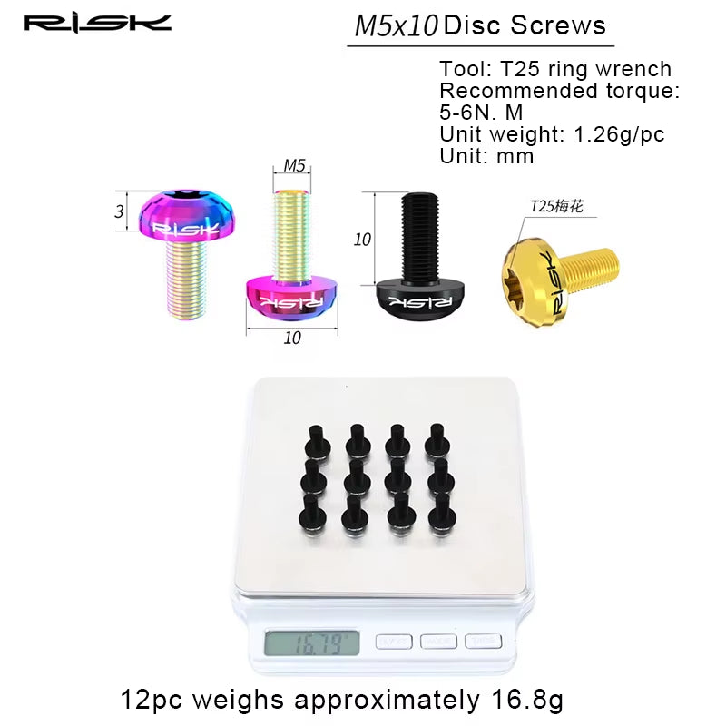 Titanium Alloy Bike Bolts 12Pcs M5X10Mm Disc Rotor Screws Mountain Road Bike Disc Brake Rotor Bolts Fixing Bicycle Accessories