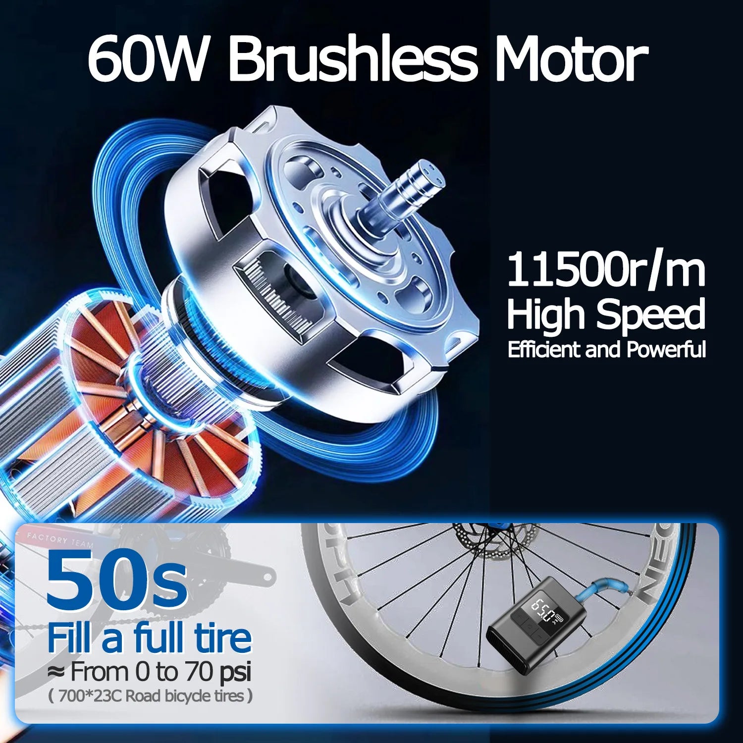 120PSI Mini Bike Pump Smart Wireless Air Pump Compact and Portable Suitable for Bicycles, Motorcycles, and Ball Sports