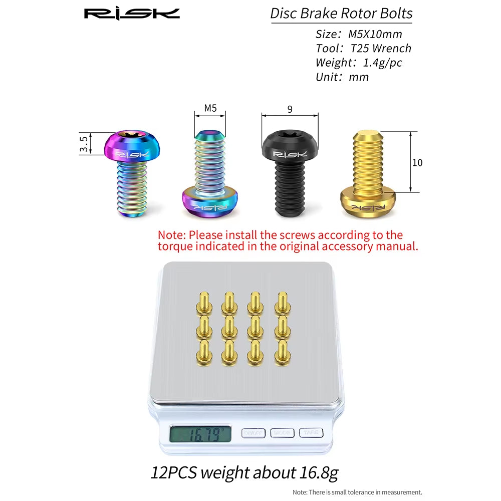 12Pcs  T25 Disc Brake Rotor Fixing Bolts M5X10Mm Titanium Alloy Bicycle Screws for MTB Road Bike Disc Brake Accessories